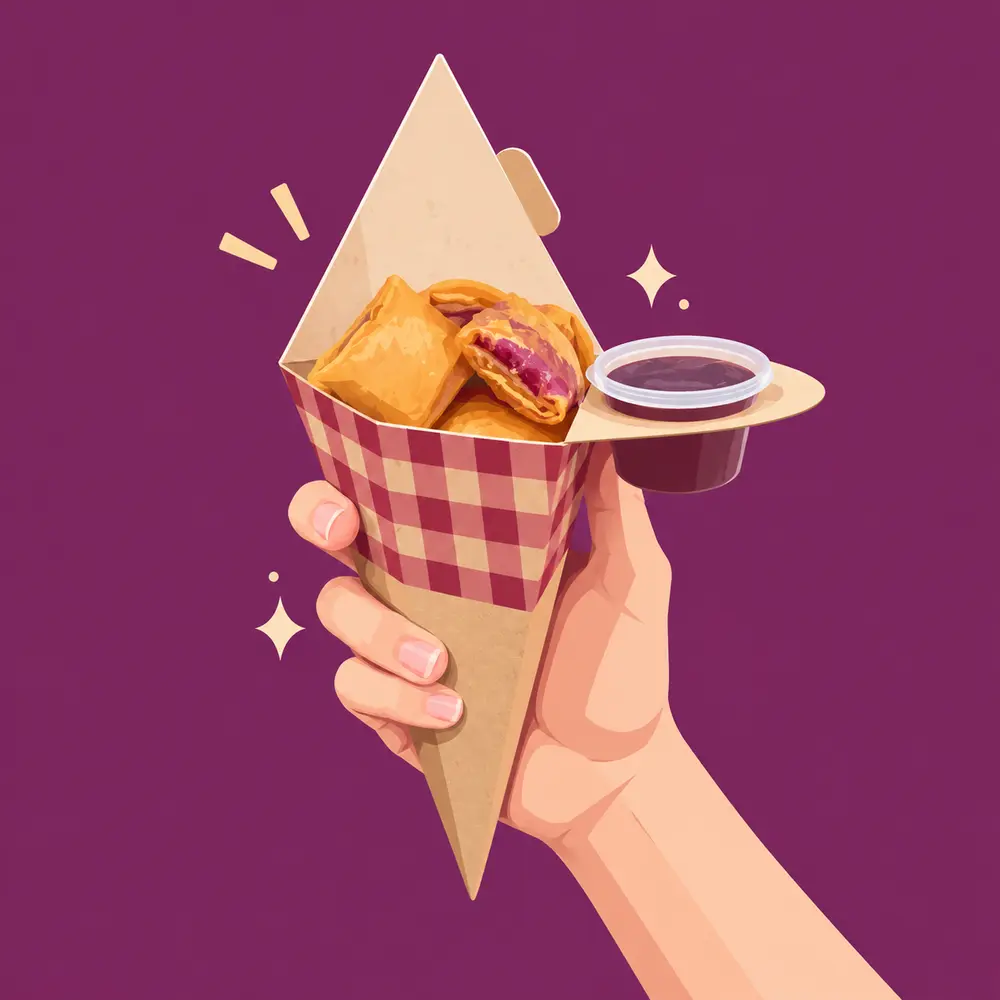 Tangan memegang cone kertas berisi lumpia ubi dengan saus ubi ungu